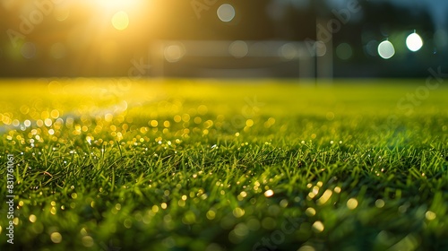 Close-up of a green football field, with a brightly lit, blurred background