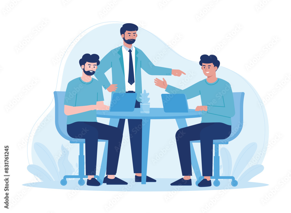 boss meeting with employees at work concept flat illustration