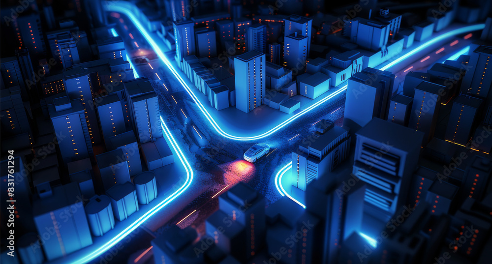 A car navigating through an urban maze, illuminated by blue LED lights that create clear paths and direction symbols on the walls of concrete blocks. The cityscape buildings. Generative AI. A car navigating through an urban maze, illuminated by blue LED lights that create clear paths and direction symbols on the walls of concrete blocks. The cityscape buildings. Generative AI.
