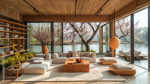 Natural brown shade living room of a house resort by lake cherry blossom