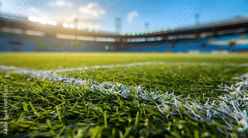 Well-maintained green football field grass, with a soft-focus stadium backdrop