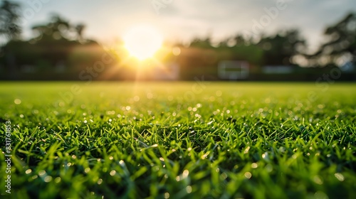 Rich green football turf, background elements in soft focus under bright light