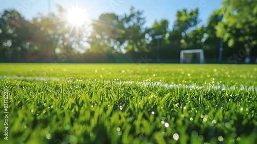 Green grass of a football field, background dissolved in bright daylight