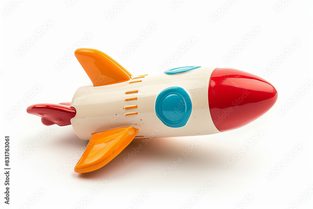 Toy rocket isolated on white, evoking childhood imagination Toy rocket isolated on white, evoking childhood imagination