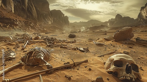 A dry desert valley with piles of the bones of an ancient army in the foreground. Discarded swords and shields litter the floor. Generative AI.