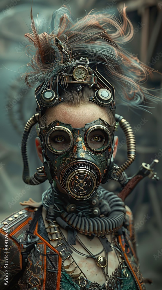 Close-Up Steampunk Fashion: Lady with Mohawk and Mask Close-Up Steampunk Fashion: Lady with Mohawk and Mask