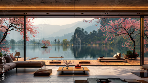 Natural yellow shade living room of a house resort by lake cherry blossom photo