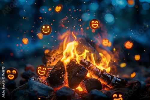 A representation of a digital campfire where the sparks are emojis