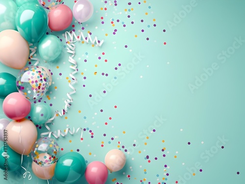 Carnival Atmosphere Minimalist with Balloons Streamers and Confetti on a Pastel Mint Background