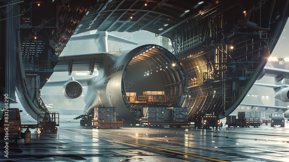 Fototapeta premium Cargo plane with open cargo bay, being loaded with freight, realistic render