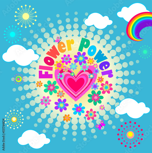 Poster in 70s or 60s style with Hippie flower power colorful slogan, flowers, rainbow and pink heart shape print on the sun for girl tee, t shirt design, summer party on mint color background
