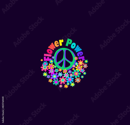 Cute funky hippy sticker or t shirt print with mint color hippie peace symbol, colorful flowers and flower power lettering on dark background