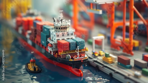 Cargo ship being loaded with containers, at a dock, realistic and lifelike photo