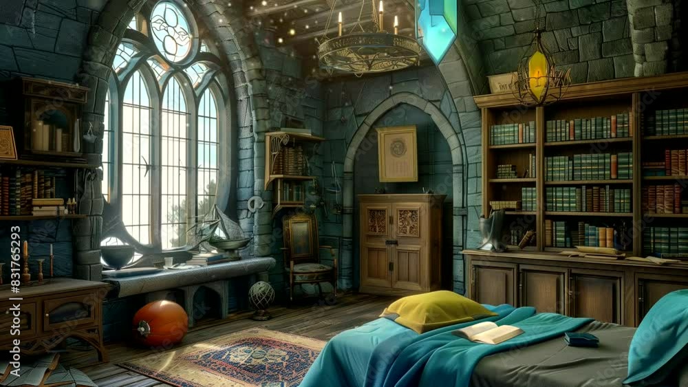 Medieval bedroom interior with bookshelves and furniture. Looping time-lapse video Medieval bedroom interior with bookshelves and furniture. Looping time-lapse video
