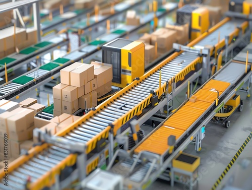 Distribution center with automated sorting machines, detailed and lifelike