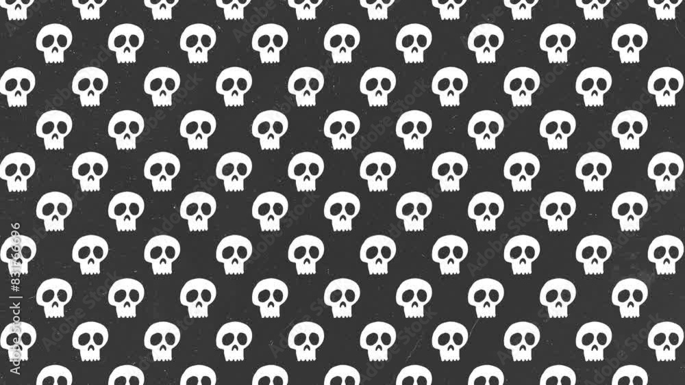 Halloween Background animation small white skulls moving upwards over gray background with grain