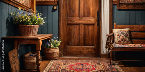 A rustic and cozy foyer with a wooden door, a vintage-inspired rug, and a small bench, decorated with a basket of blankets and a vase of wildflowers. photo