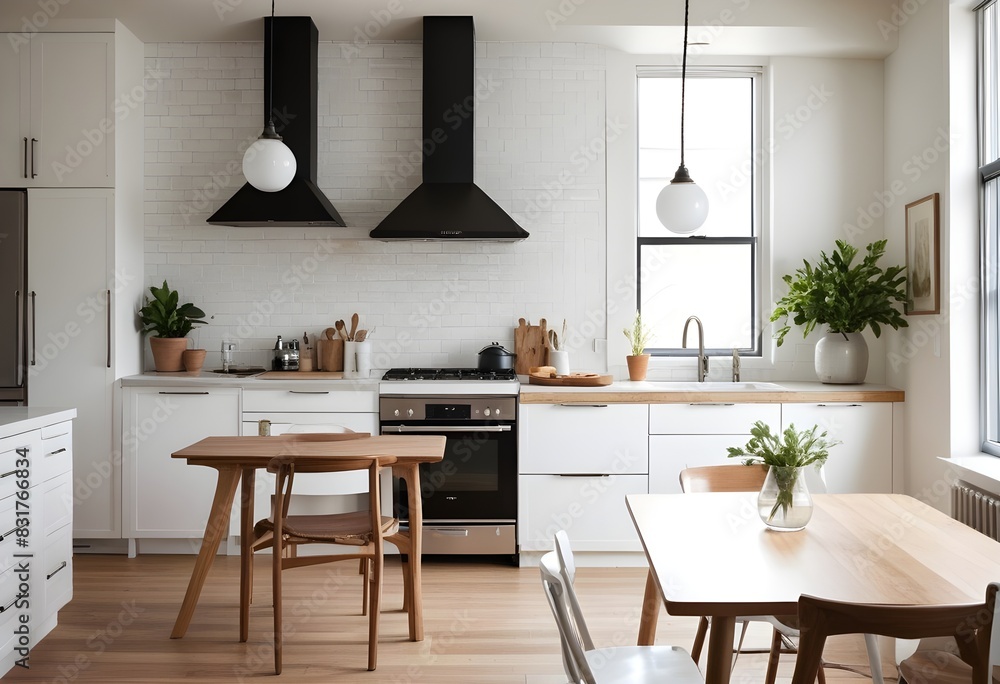 Modern new light interior of kitchen with white furniture and dining table. 3D Rendering Modern new light interior of kitchen with white furniture and dining table. 3D Rendering