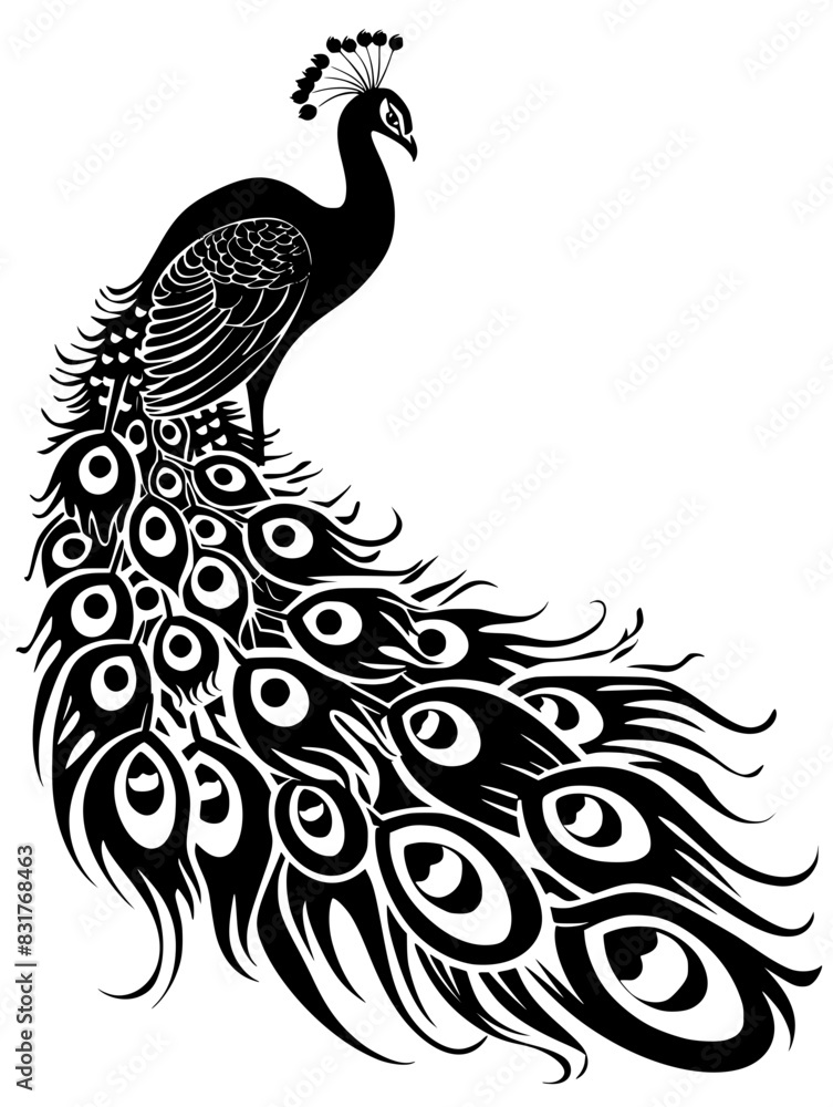 Elegant Peacock Vector Illustration, Stylized black and white vector illustration of an elegant peacock with detailed plumage in a graceful pose. Elegant Peacock Vector Illustration, Stylized black and white vector illustration of an elegant peacock with detailed plumage in a graceful pose.