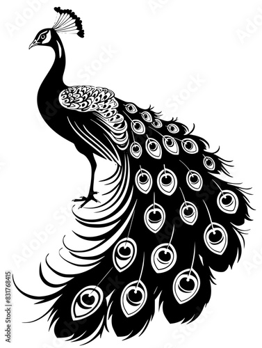 Elegant Peacock Vector Illustration,  Stylized black and white vector illustration of an elegant peacock with detailed plumage in a graceful pose.
