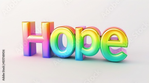 Shape an uplifting 3D rainbow-colored "Hope" sign on a pure white background.