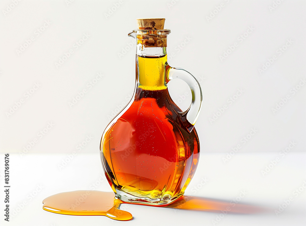 Create an image of a flask of honey syrup with a honey dipper dripping honey beside it on a white backdrop Create an image of a flask of honey syrup with a honey dipper dripping honey beside it on a white backdrop
