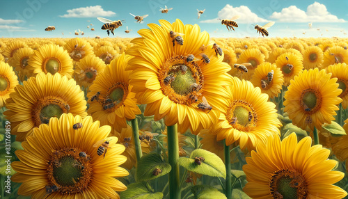 ひまわりとミツバチ、Sunflower and bee photo