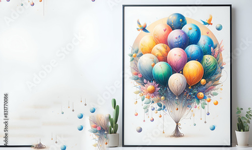 Balloons with ribbon birtday party with white background, generative ai