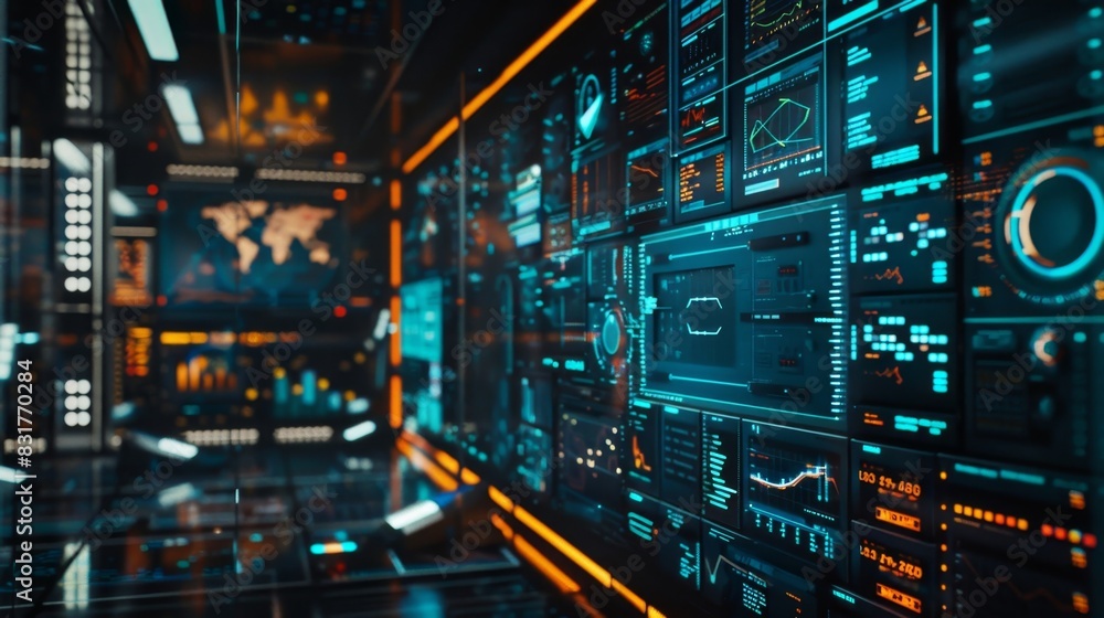 The walls of the room are adorned with motivational posters and charts detailing past successes in protecting against cyber threats. The walls of the room are adorned with motivational posters and charts detailing past successes in protecting against cyber threats.