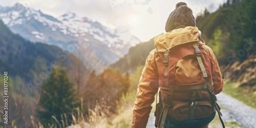 A hiker with a backpack walking along a trail in a scenic mountain landscape during a sunny day, enjoying nature and adventure. photo