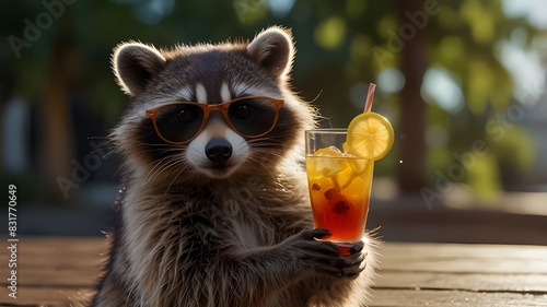 An inventive and imaginative representation of a raccoon wearing shades, produced by the AI platform, perfectly encapsulating the spirit of summer while sipping a colorful drink.