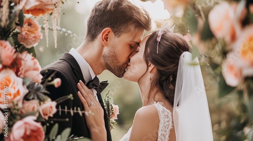 Bride and groom share a tender kiss on their wedding day, surrounded by beautiful floral arrangements and soft sunlight. photo