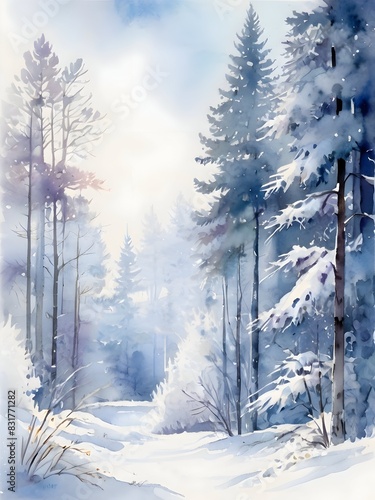 Winter Forest Landscape Watercolor Art