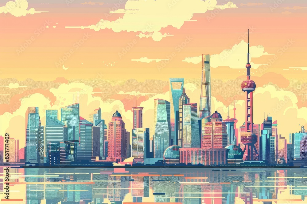 Illustration of Shanghai urban landscape with vibrant colors, city pop
