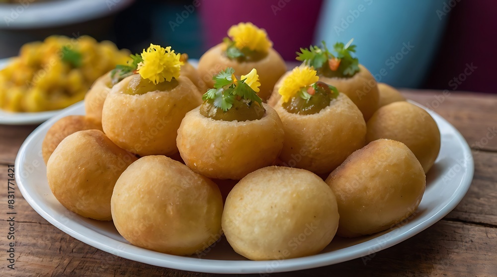  potato balls in a brown sauce on a plate. The potato balls are topped with chopped green onions.