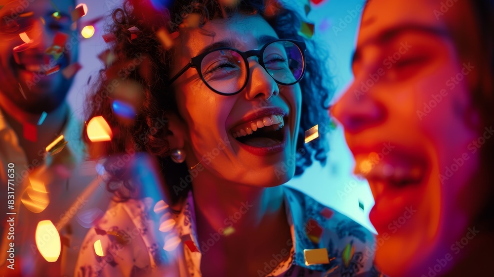 Joyful friends celebrate with colorful confetti. Smiling faces, vibrant lighting, and happy moments make this a perfect party snapshot. Joyful friends celebrate with colorful confetti. Smiling faces, vibrant lighting, and happy moments make this a perfect party snapshot.