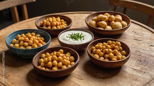 bowls contain a hummus-like spread, one bowl holds small fried potatoes, and the fourth bowl contains chickpeas.
