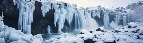 Frozen waterfall with icicles hanging from the rocks set against a backdrop of frosty grays and blues