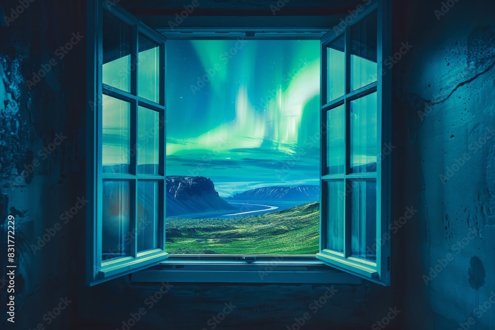 Fototapeta premium View of Iceland's Nature landscape from a hotel window with aurora
