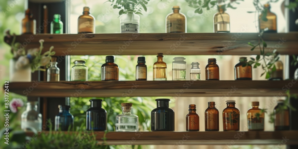 Wooden shelves with glass bottles and jars, filled with various liquids, surrounded by green plants in a cozy, rustic setting.