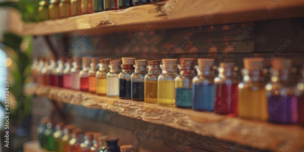 Colorful glass bottles with corks on wooden shelves in a cozy apothecary shop. Array of vibrant liquids and tinctures creating a rustic charm.