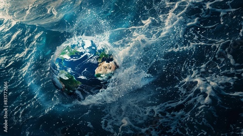 A dynamic image of the Earth rotating within a vast ocean, with water currents and marine life encircling the globe, symbolizing the significance of oceans for World Oceans Day