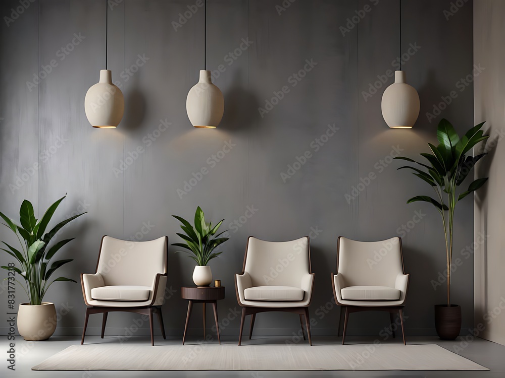 Fototapeta premium Livingroom in dark gray and taupe colors. Mockup microcement texture wall interior. Design office. Beige ivory accents, decor shelves and lamp. Modern reception lounge with rich chairs. 3d render 
