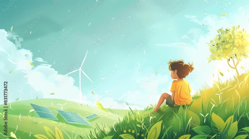 Fototapeta premium A child sitting on a grassy hill