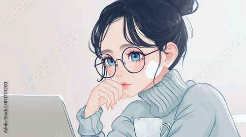 A girl wearing glasses is sitting at a table with a laptop and a cup of coffee. She is tired and is leaning her head on her hand photo