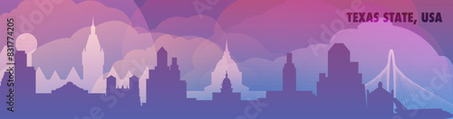 Texas state, USA skyline with cities panorama, gradient vector thin banner. Purple color Dallas, Houston, San Antonio, Austin, Fort Worth cityscape for footer, header, infographic, horizontal graphics