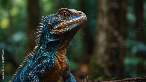 portrait of a beautifully patterned iguana relaxing on a tree trunk with a blurred background