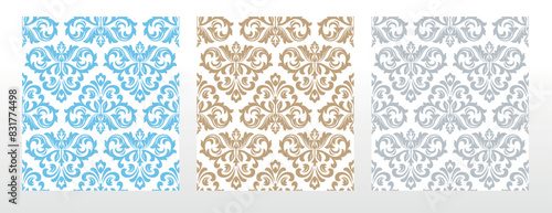 Wallpapers in the style of Baroque. Seamless vector backgrounds. Set of colored floral ornaments. Graphic patterns for fabric, wallpaper, packaging. Ornate Damask flower ornaments