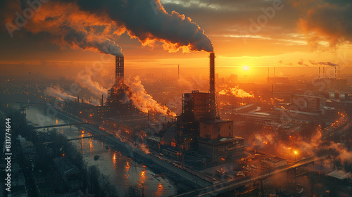 Illustration of bad ecology in a big city, there is dark smoke from a large chemical plant. Dark background. photo