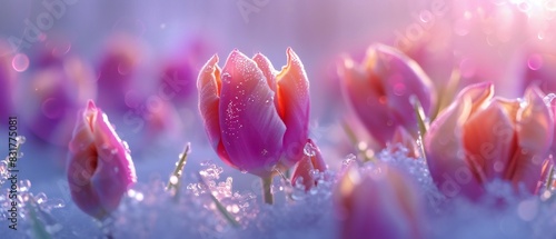 Extreme macro view of tulip flowers beneath the frozen surface, their vibrant hues contrasting with the icy surroundings in a mesmerizing display of natural artistry.